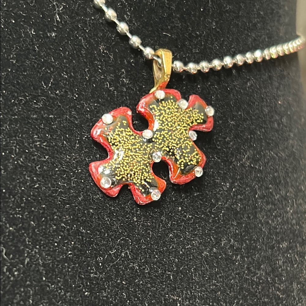 Autism Puzzle Piece Red and Gold Resin Pendant w/Free Necklace Handmade